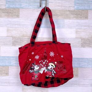 Walt Disney World Christmas Canvas Tote Bag Red Plaid Mickey Minnie Zip Closure